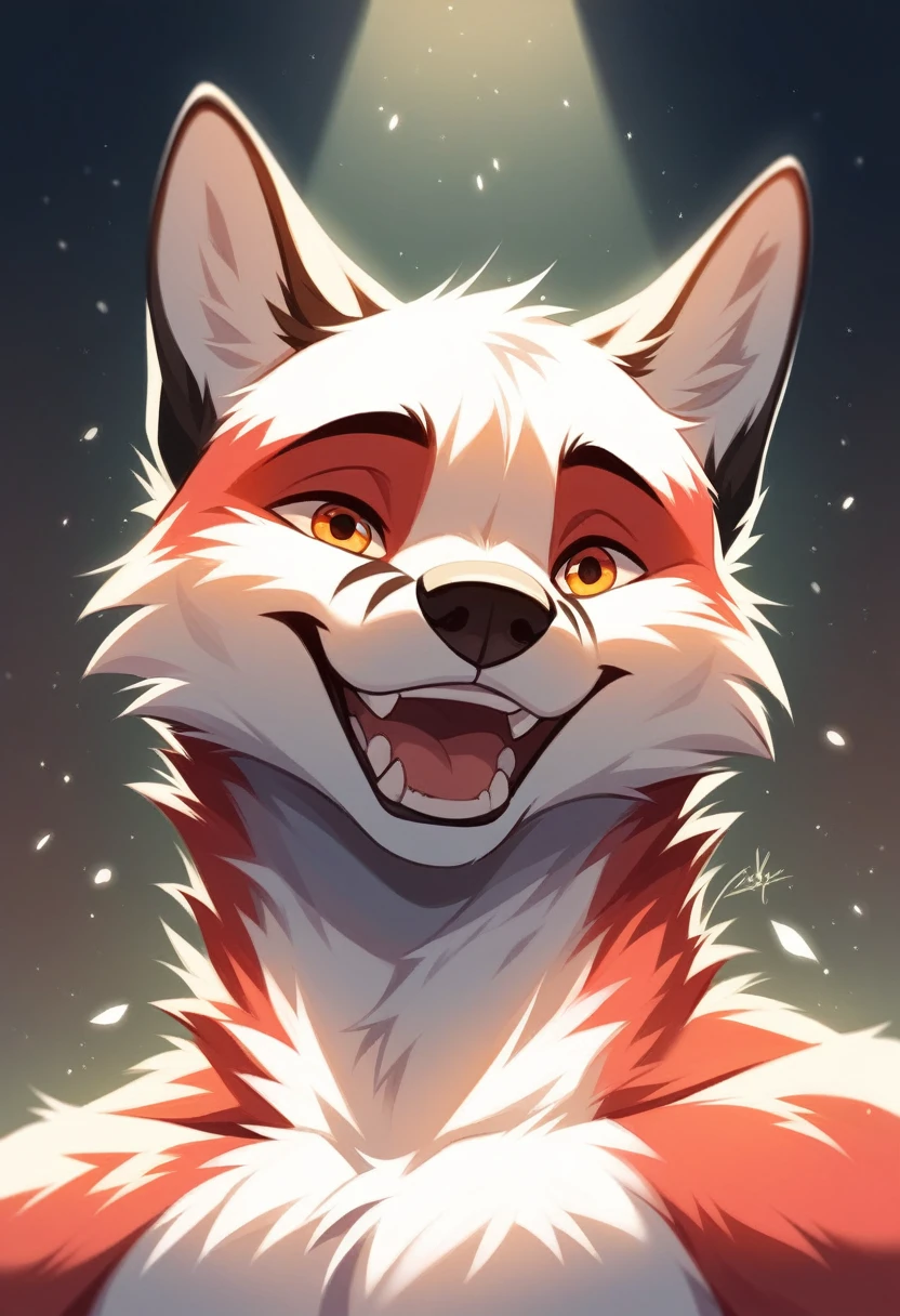 solo male, white fox, furry, happy, red fur, Black fur stripe, netral, Traumatized face, dynamic lighting, illustration, beautiful, particles (high quality,4k,8k,highres,masterpiece), ultra-detailed, impressionistic:colorful,