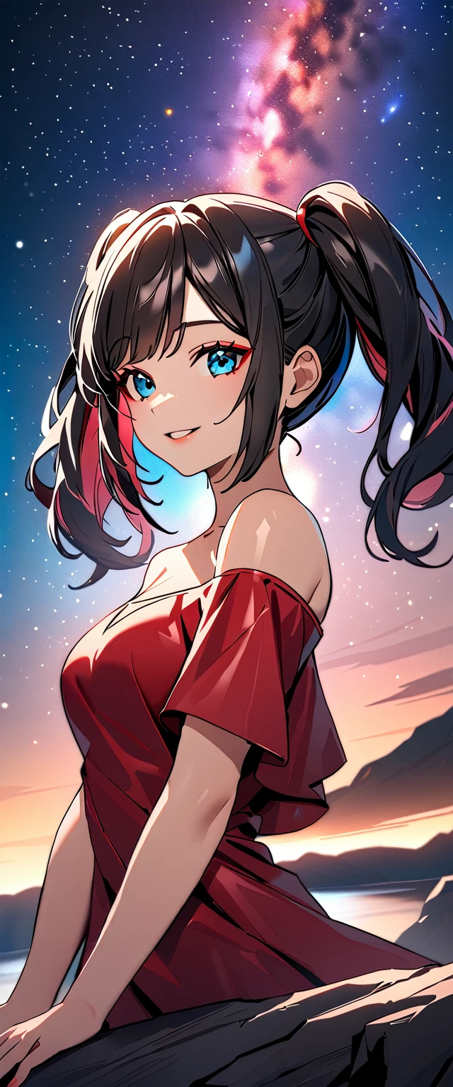 Photo of a high school girl with natural skin, Upper Body, Looking at the camera, Smiling, with twin tails and black hair with red mesh, Sharp eyes with blue eyeshadow, A thin, upturned nose, Well-shaped lips, White off-the-shoulder dress, barefoot, Makeup, Exquisitely crafted with the utmost attention to detail, Vibrant, amazing, Smooth, Cinematic, 4K, Backlight, ((Atop a cliff with a beautiful starry sky, Cliff)), Shallow depth of field.