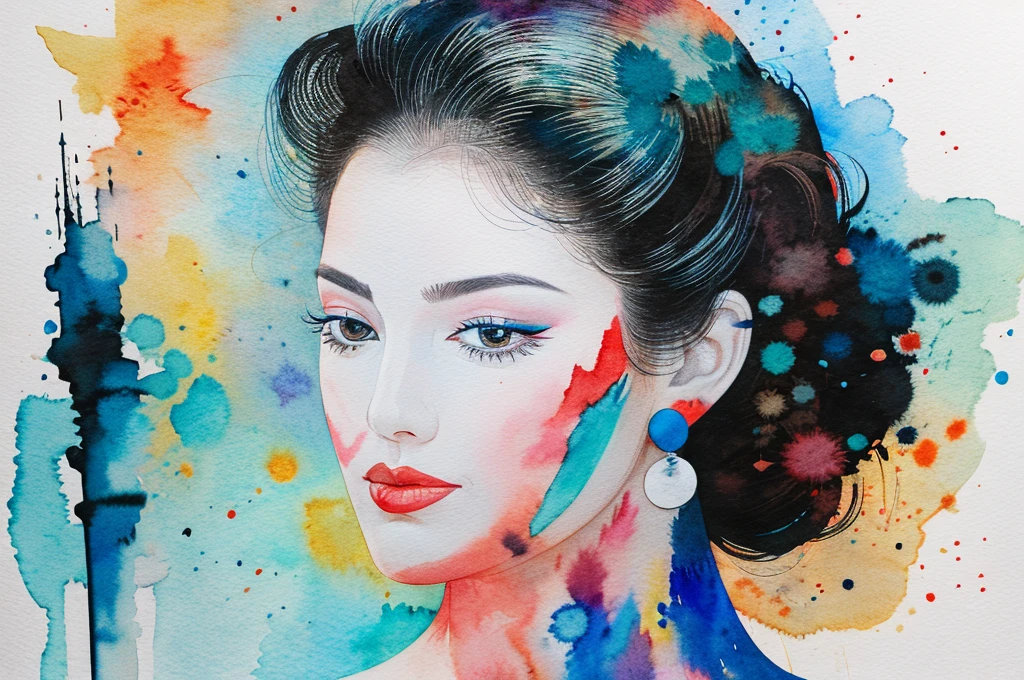 Painting of a woman with a face in black and white, Sylvia Pelissero watercolors, vase, Abstract art, Intense watercolor painting, Detailed watercolor art, watercolor splash, Surreal, avant-garde pop art, Beautiful and expressive paintings., Beautiful art illustration, very colorful tones, marvelous, fresh beauty, of the highest quality, Official Art, Only women, sharp contour, best shot, vector art, Written by Sandra Chevrier, David McKean、By Richard Avedon、Written by Makiezi Kusiala