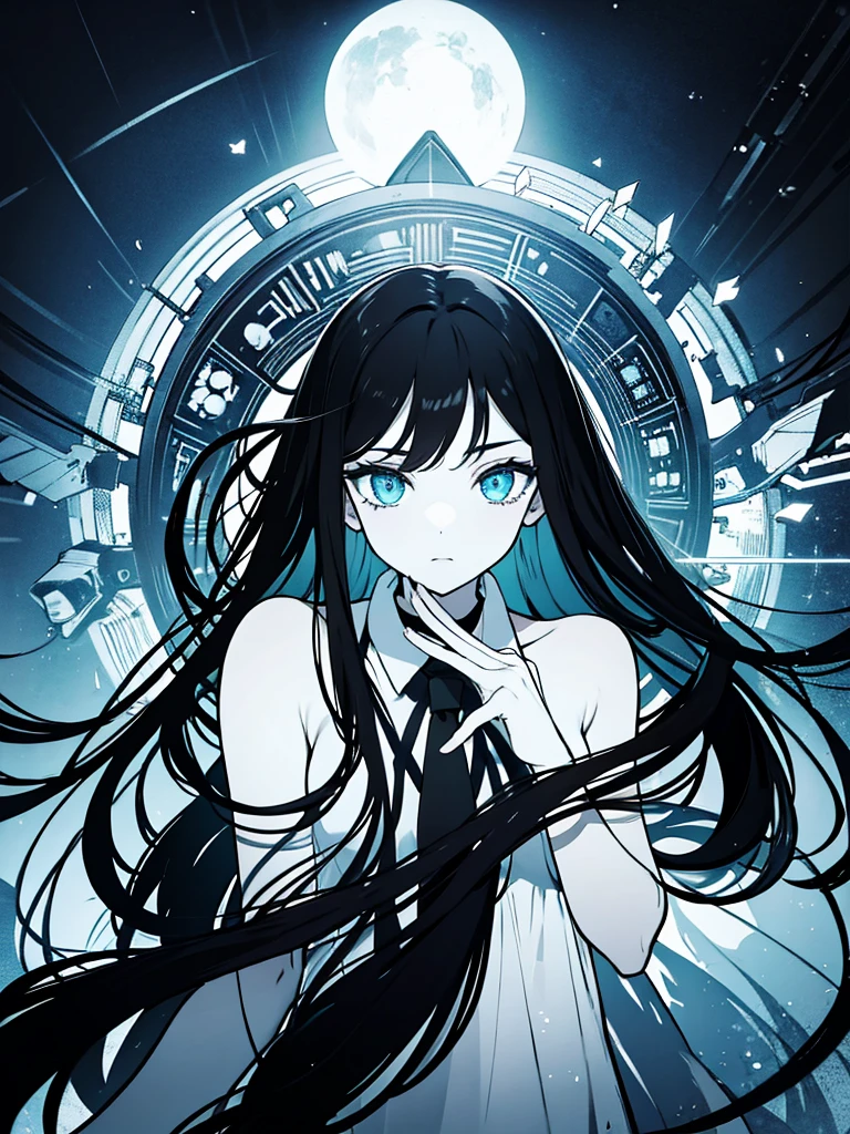 Black long hair aqua eyes pale skin