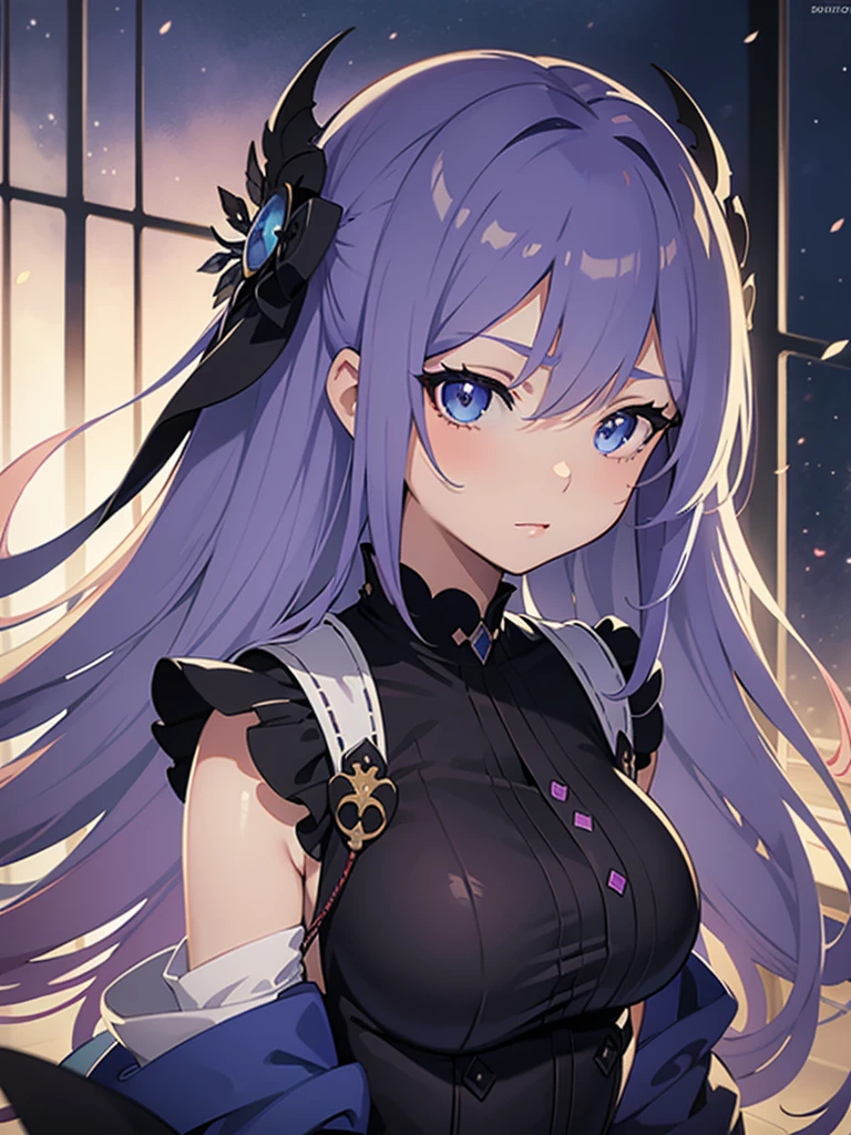 Close-up of face,Diagonal angle., complex details beautiful and delicate eyes, anime girl with long light purple hair and blue eyes posing for a picture, shadowverse style, smooth anime cg art, sayori, detailed digital anime art, guweiz, sui ishida art manga, shadowverse, official artwork, pixiv style, detailed anime artwork, artbook artwork, seductive anime girl, sougetsu, detailed anime character art, waifu, black uniform