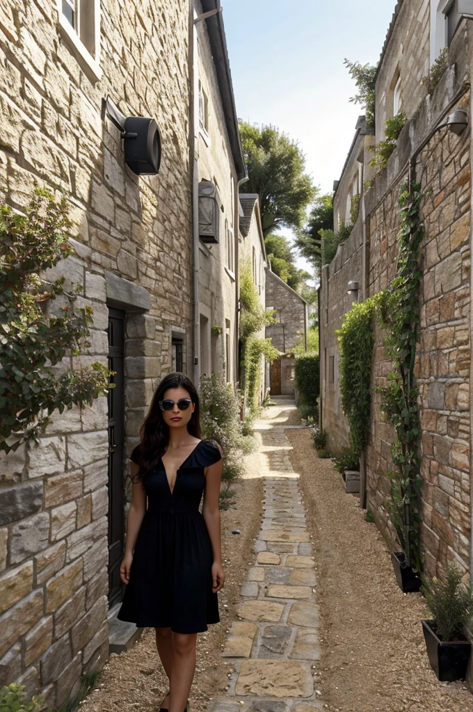 Femme ultra realistic; main ultra realistic; black dress; regard fixe; lightly tanned skin ;ultra realistic ;it is located outside a house in the garden; with a stone wall behind it which is the wall of the house, and on the right an alley with a gravel path and on the sides there are trees in the background.