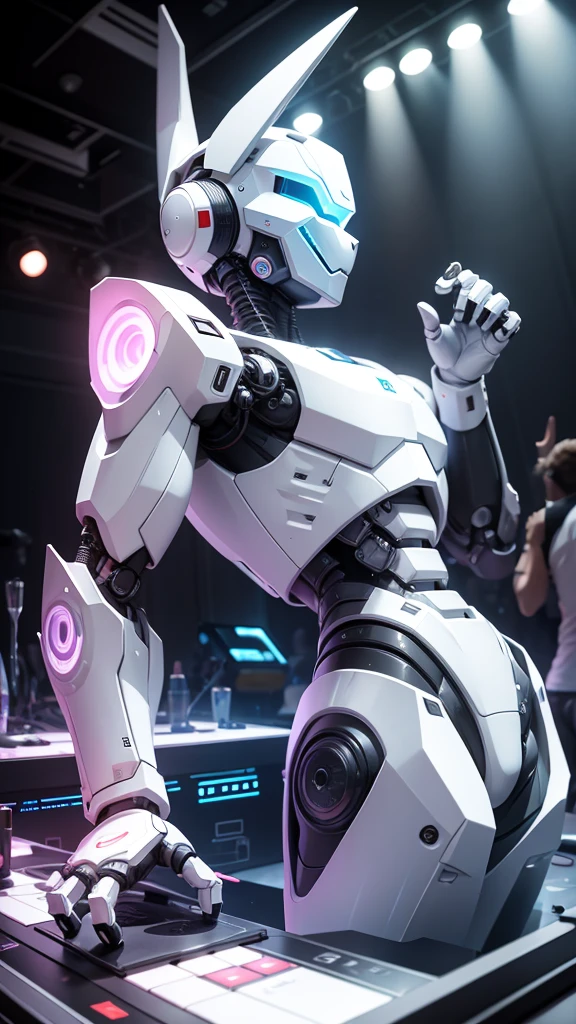 robot rabbit, White color, whole body, in a club, male gender, playing music on a turntable,
