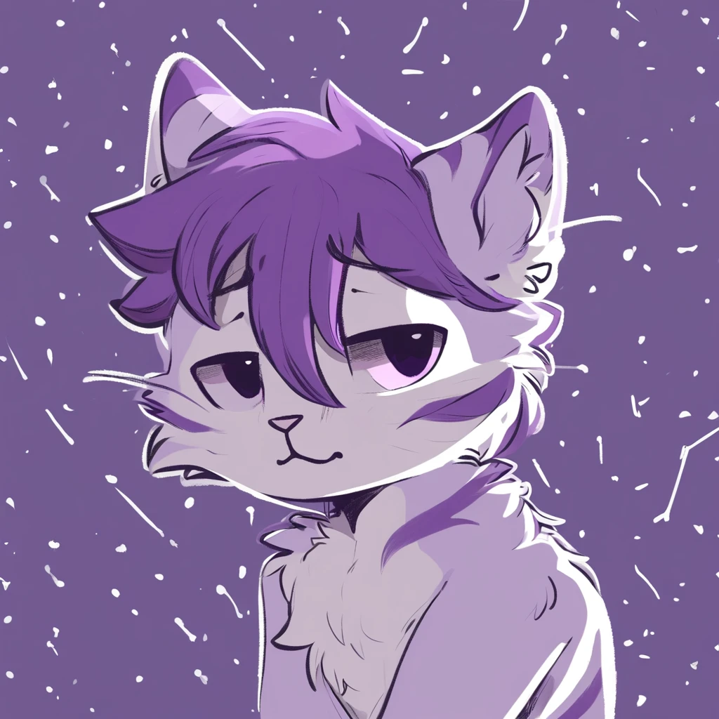 adult, feline, mammal, anthro, anthropomorphic, cat, striped, fur, striped_feline, fur, male, light_purple, purple_hair, fluffy, white, white_chest, shy, small_pupils, digital_art, high_resolution, high_res, hand-drawn, pencil_lines, head_visible, background, neck_visible, seductive_face, detailed_line_work, profile_picture, head_visible, purple_galaxy_background, cute