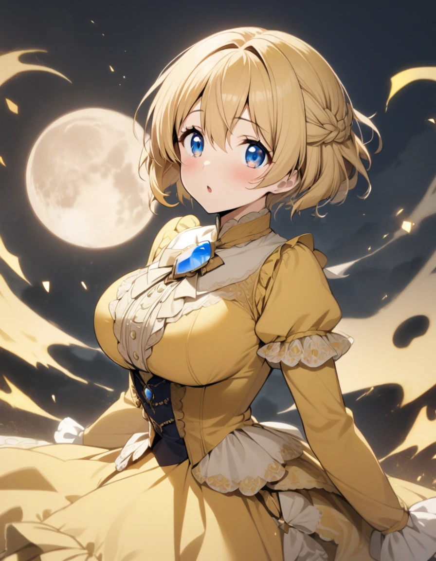 1girl,hair_between_eyes,wavy_short_hair,blonde hair,blue eyes,tareme,large breasts,moonstone brooch,moon yellow victorian dress,