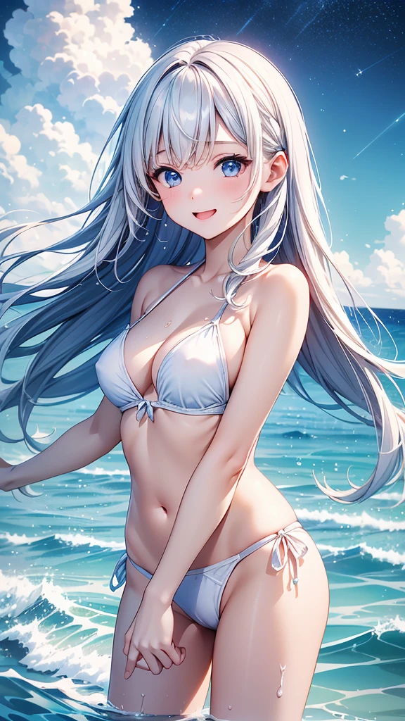 Masterpiece、High resolution、high quality、32k、(1  female、Straight Hair、White Bikini、Night beach、water droplets、Having fun in the ocean、Starry Sky)、Overjoyed、((Pussy Streaks))、((Focus on the upper body))、((Close-up))