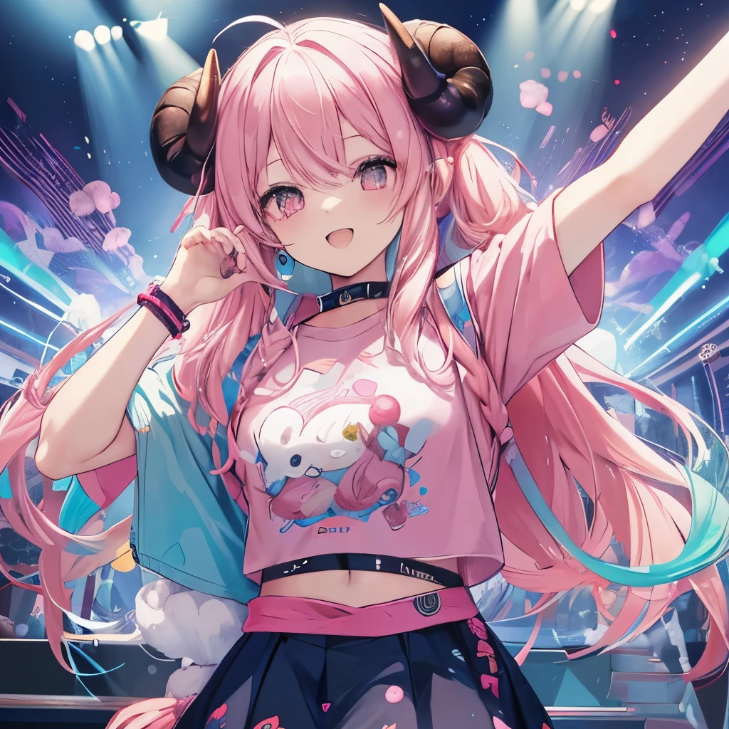 An anime-style illustration of ‘Fua-chan’ cosplaying as a member of Aqua Timez. Fua-chan has distinctive features: long pink hair styled in soft curls resembling sheep’s horns, and pink eyes. She is depicted wearing a stylish outfit inspired by Aqua Timez’s iconic look, which includes elements like a cool jacket, graphic t-shirt, and trendy accessories. She has a confident and energetic expression, capturing the spirit of a performer. The background shows a stage with musical instruments and spotlights, creating a dynamic and lively atmosphere as Fua-chan embodies the essence of Aqua Timez. perfect hands