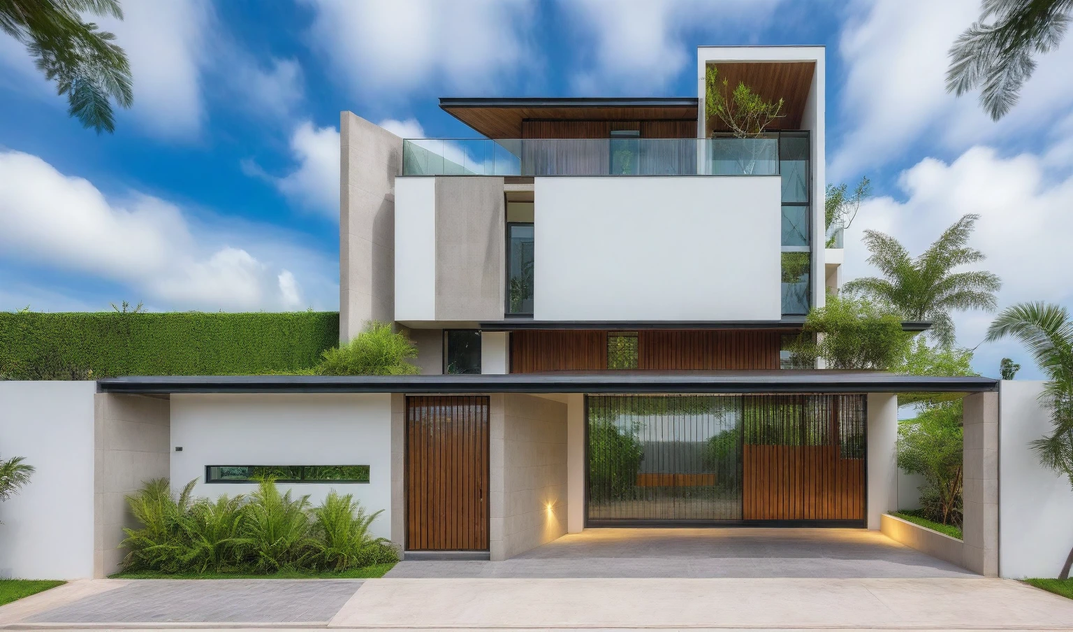 exterior house, contemporary style, white wall, wood wall, steel door, glass window, (realistic:1.2), Masterpiece, high quality, best quality, authentic, super detail, outdoors,road, trees, sky, cloud, (daylight:1.1), modern luxury villa, coconut trees, landscape, along the white beach, clear sky, day time, warm lighting RAW Photo, RAW texture, Super Realistic, 32K UHD, DSLR, soft lighting, high quality, film rating, Fujifilm XT3,Modern, Residential Architecture, car in front of house