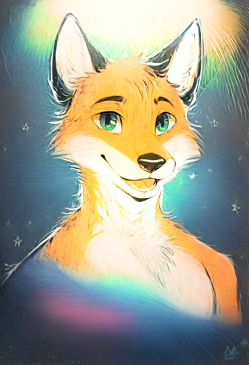 solo male, white fox, furry, happy, red fur, Black fur stripe, netral, Traumatized face, dynamic lighting, illustration, beautiful, particles (high quality,4k,8k,highres,masterpiece), ultra-detailed, impressionistic:colorful,