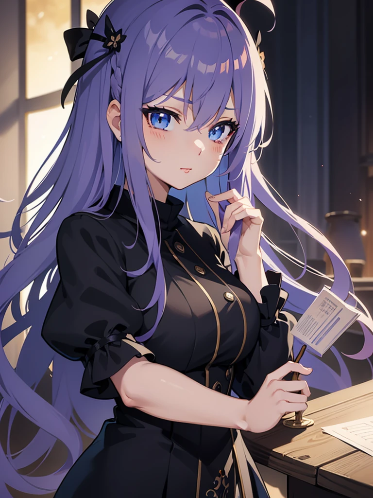 Close-up of face,Diagonal angle., complex details beautiful and delicate eyes, anime girl with long light purple hair and blue eyes posing for a picture, shadowverse style, smooth anime cg art, sayori, detailed digital anime art, guweiz, sui ishida art manga, shadowverse, official artwork, pixiv style, detailed anime artwork, artbook artwork, seductive anime girl, sougetsu, detailed anime character art, waifu, black uniform, black