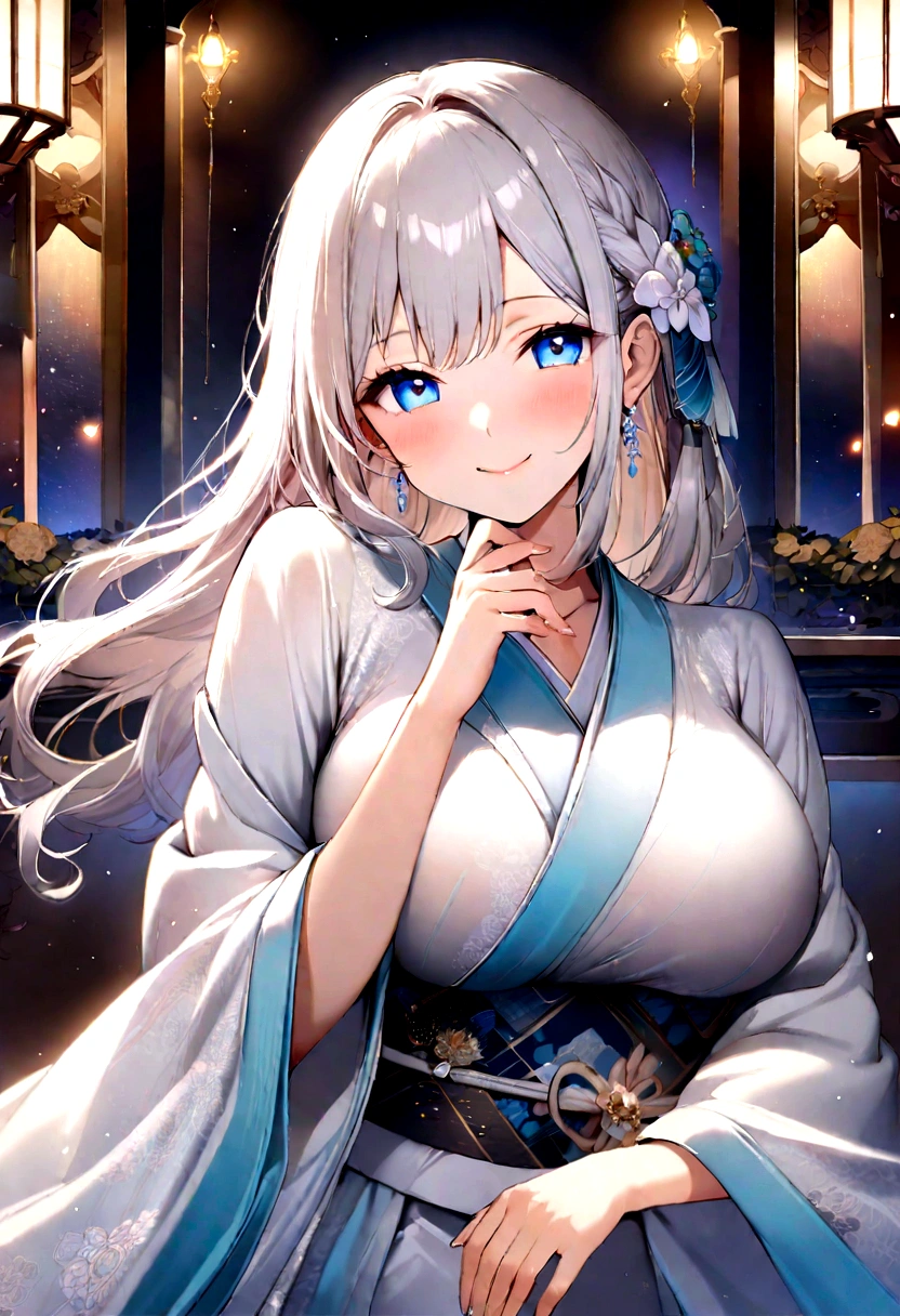 Beautiful and shiny silver hair、Braided Hair、Magical atmosphere、Detailed skin、Beautiful Eyes、Elegant face、Big Breasts、Beautiful feet、素敵なProfessionalポーション、Beautiful and clear eyes、Super beautiful、blue eyes、Professional、Very beautiful illustration、smile、One girl、kimono、Delicate fabrics、Kissing Face、Delicate expression