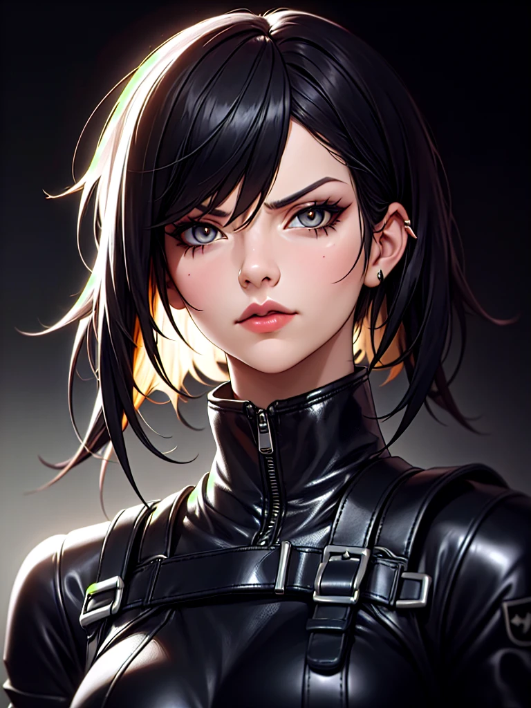 ((Portrait Photo)), She has a Dark and Menacing Appearance, with a Slim, Athletic Build and a Stealthy Presence. She Expresses a Cold and Calculating Look, Giving Off a Detached and Deadly Attitude. Her Hair is Short and Tousled, Black, with Spiky Strands Falling Around Her Face. She Wears All-Black Leather Outfits with Sunglasses, Covered in Tactical Gear and Weapon Holsters. ((Portrait Photo, HDR, Dark Background))