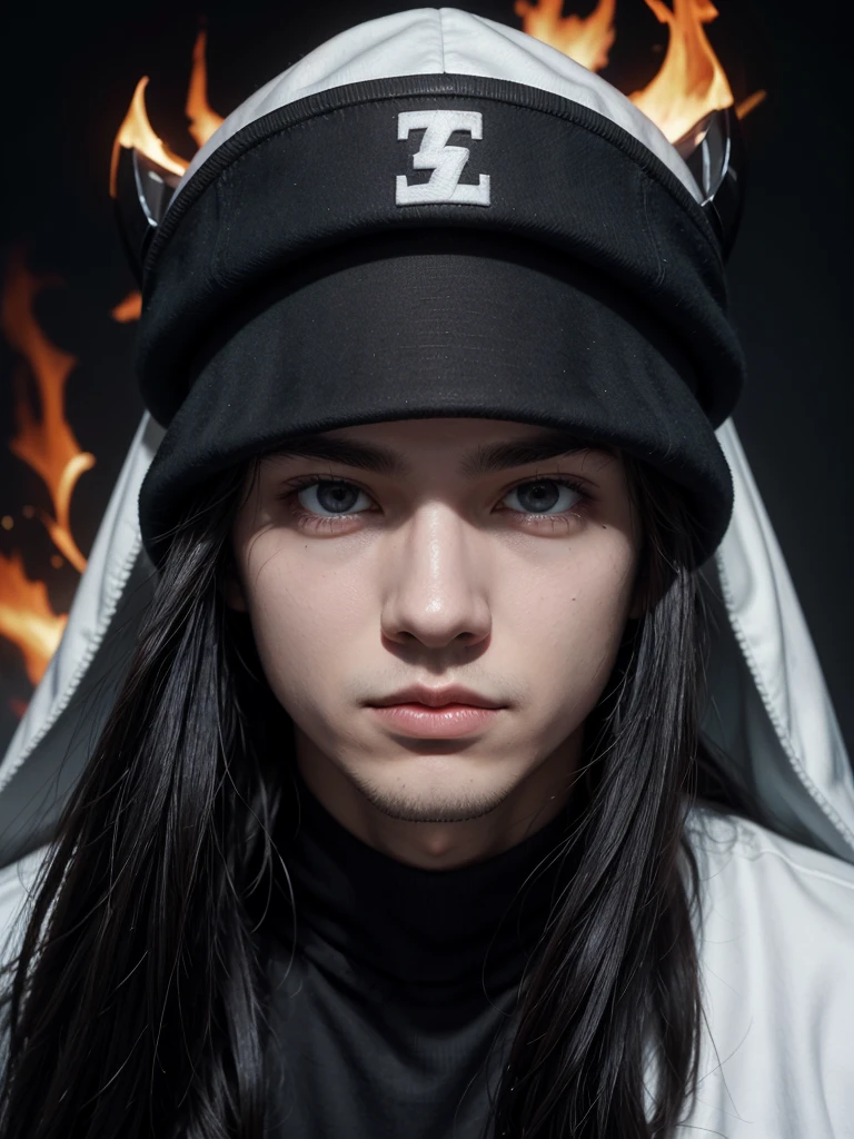 White cap with hair out male character with black mask and eyes on fire 