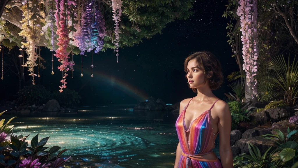 A photorealistic cute, slender aerobics instructor with very short brown hair, very short brown hair, very short brown hair, very short brown hair, brown eyes, and dimples, standing confidently in a fantastical landscape. She's wearing a flowing, elegant gown that complements her figure. The background features floating islands covered in bioluminescent plants, cascading waterfalls of rainbow colors, and giant crystalline structures that refract light. Vibrant colors include deep purples, electric blues, neon pinks, and shimmering golds. The lighting is ethereal, with a soft glow emanating from the plants and crystals. Broad strokes of bright, contrasting colors sweep across the sky, reminiscent of an abstract painting - vibrant oranges, lime greens, and vivid magentas create a striking contrast against the fantastical elements.