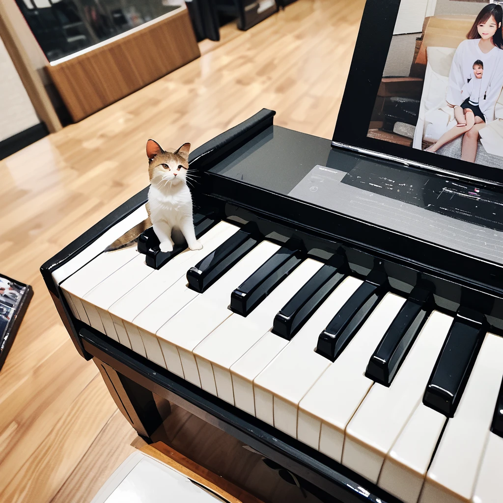a cat on piano's keybord, photo graph.