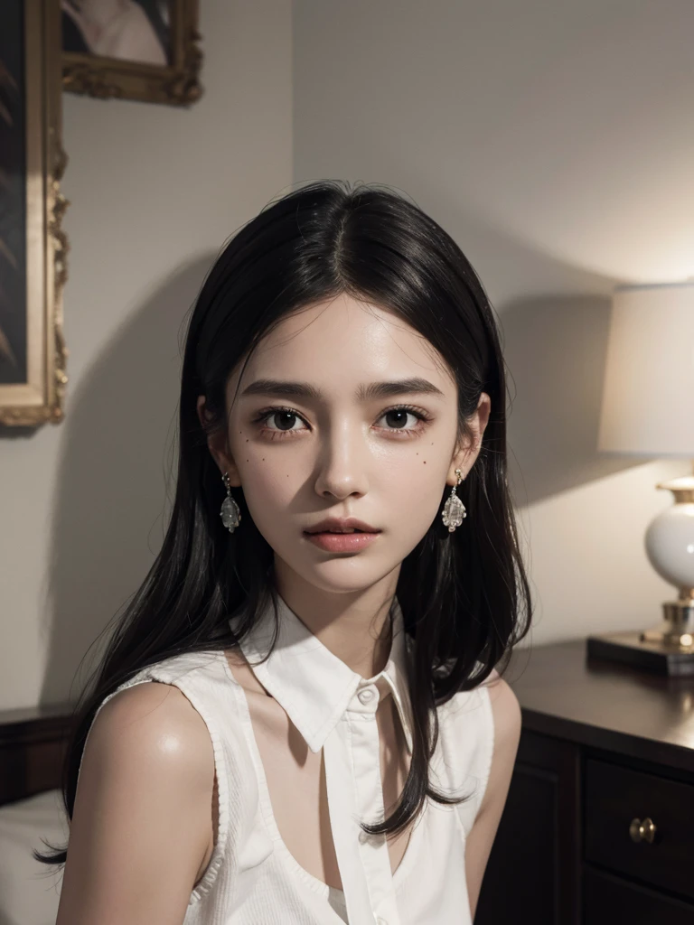 absurdres, RAW photo, extremely delicate and beautiful, masterpiece, Best Quality, ultra high resolution, 32k, hyperrealistic, ultra-detailed, perfect figure, in her 20s, very small head, very small face, delicate facial features, tearful mole, earring, big breasts, (full body shot), medium hair, black hair, sleeveless collared shirt, shorts,