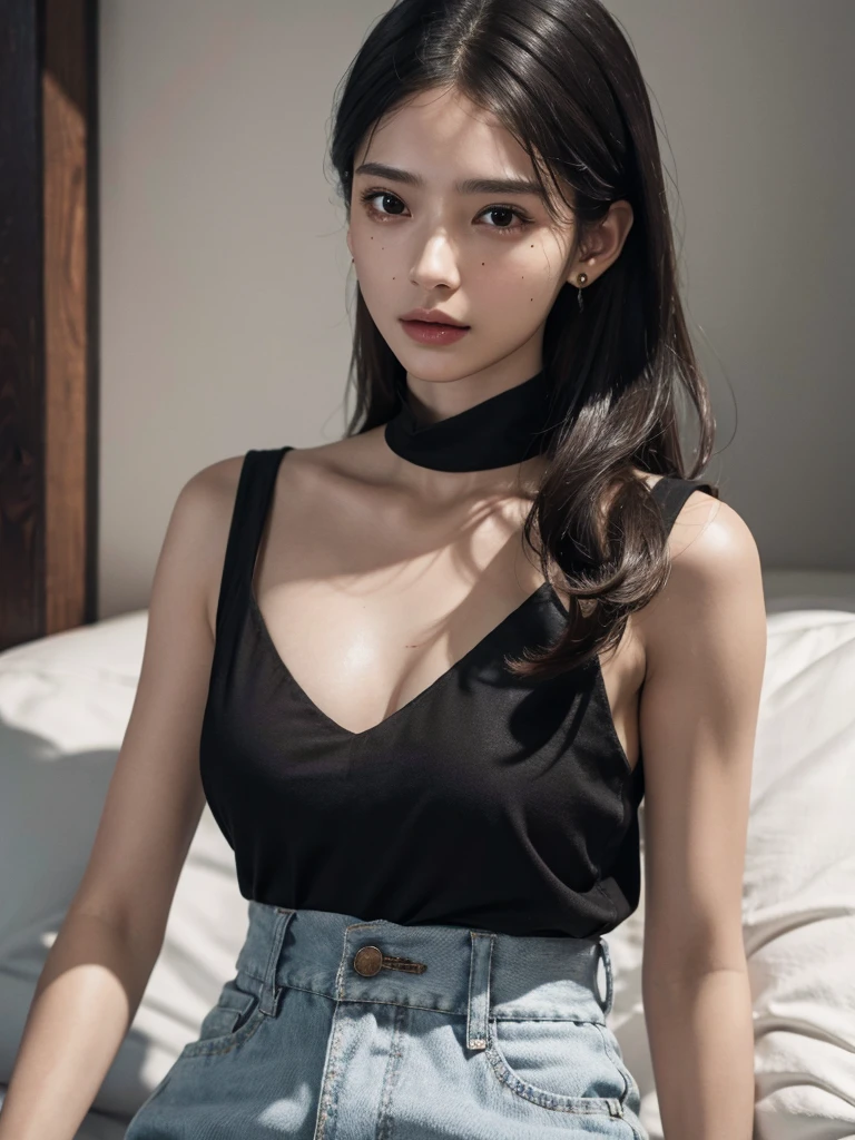 absurdres, RAW photo, extremely delicate and beautiful, masterpiece, Best Quality, ultra high resolution, 32k, hyperrealistic, ultra-detailed, perfect figure, in her 20s, very small head, very small face, delicate facial features, tearful mole, earring, big breasts, (full body shot), medium hair, black hair, sleeveless collared shirt, shorts,