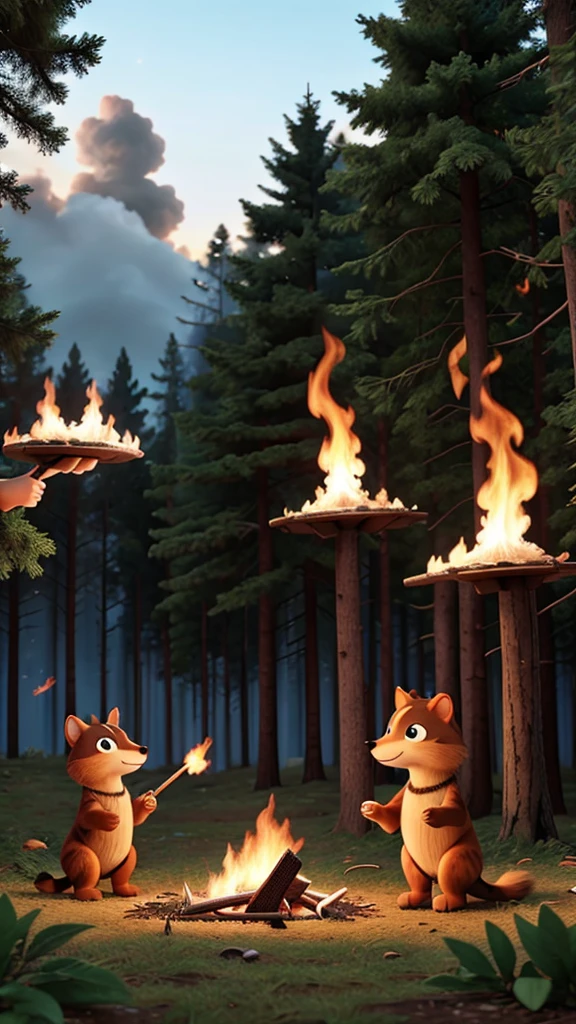 Animals in the forest putting out a fire.