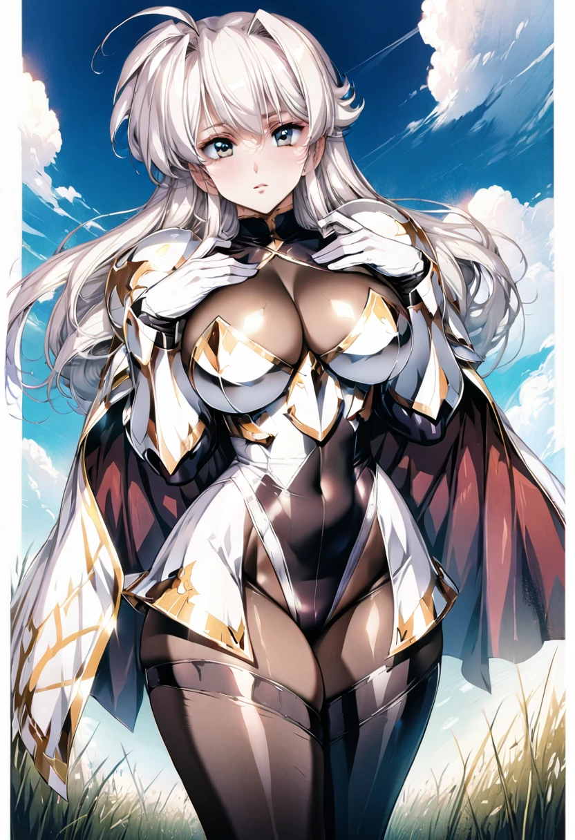 ((highest quality)), ((masterpiece)), ((hyperrealistic)), (detailed background), anime style, solo, shoot from below, 1girl, ((curvy: 1.2)), kawaii, paladin, ((Lamé racing leotard)), ((catsuit leotard)), (paladin armor), (breastplate armored dress), cloak de cour, gauntlet, gloves, white hair, ahoge, (huge breasts), see-through cleavage cutout, (zettai ryouiki black thigh high socks), (black see-through pantyhose thighs), (See-through pantyhose groin area), beautiful eyes, perfect face, Perfect hands, perfect fingers, Blue sky and grassland,
