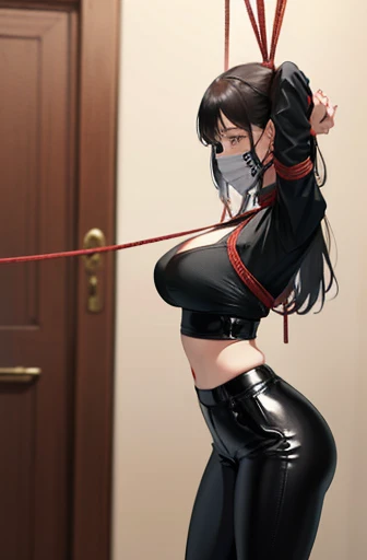 Keqing tied up with rope ,bondage ,hands bound together with rope ,big boobas covered by leather shirt ,latex tight pants ,tape surrounding her mouth,standing still ,legs bound together with rope ,show only from view ,gagged , someone ftom behind touching 