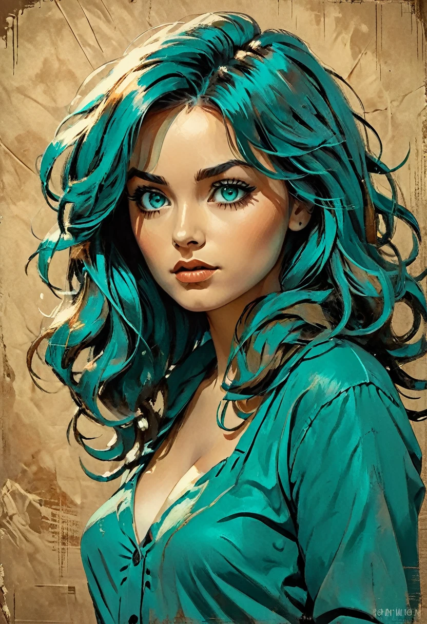 A woman in a situation?, sketch, amber to teal color palette, detailed features, cute, vintage style, high contrast lighting, expressive eyes, tousled hair. (best quality, high res, realistic:1.37), vintage, monochrome, intense gaze, dramatic lighting, rugged background, distressed paper texture, retro vibes, id photo, front view, Surround the woman, aya, greg rutkowski