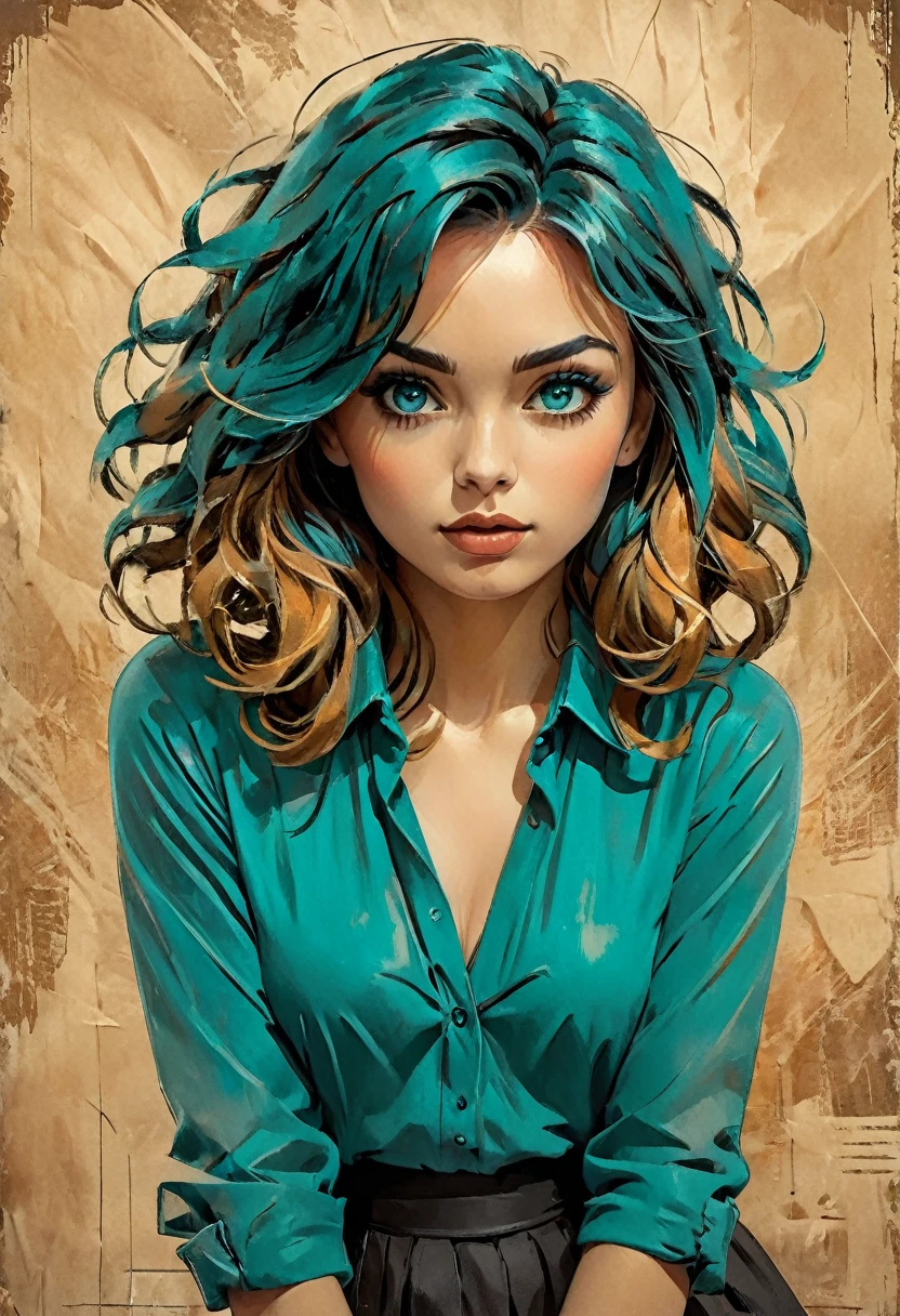 A woman in a situation?, sketch, amber to teal color palette, detailed features, cute, vintage style, high contrast lighting, expressive eyes, tousled hair. (best quality, high res, realistic:1.37), vintage, monochrome, intense gaze, dramatic lighting, rugged background, distressed paper texture, retro vibes, id photo, front view, Surround the woman, aya, greg rutkowski