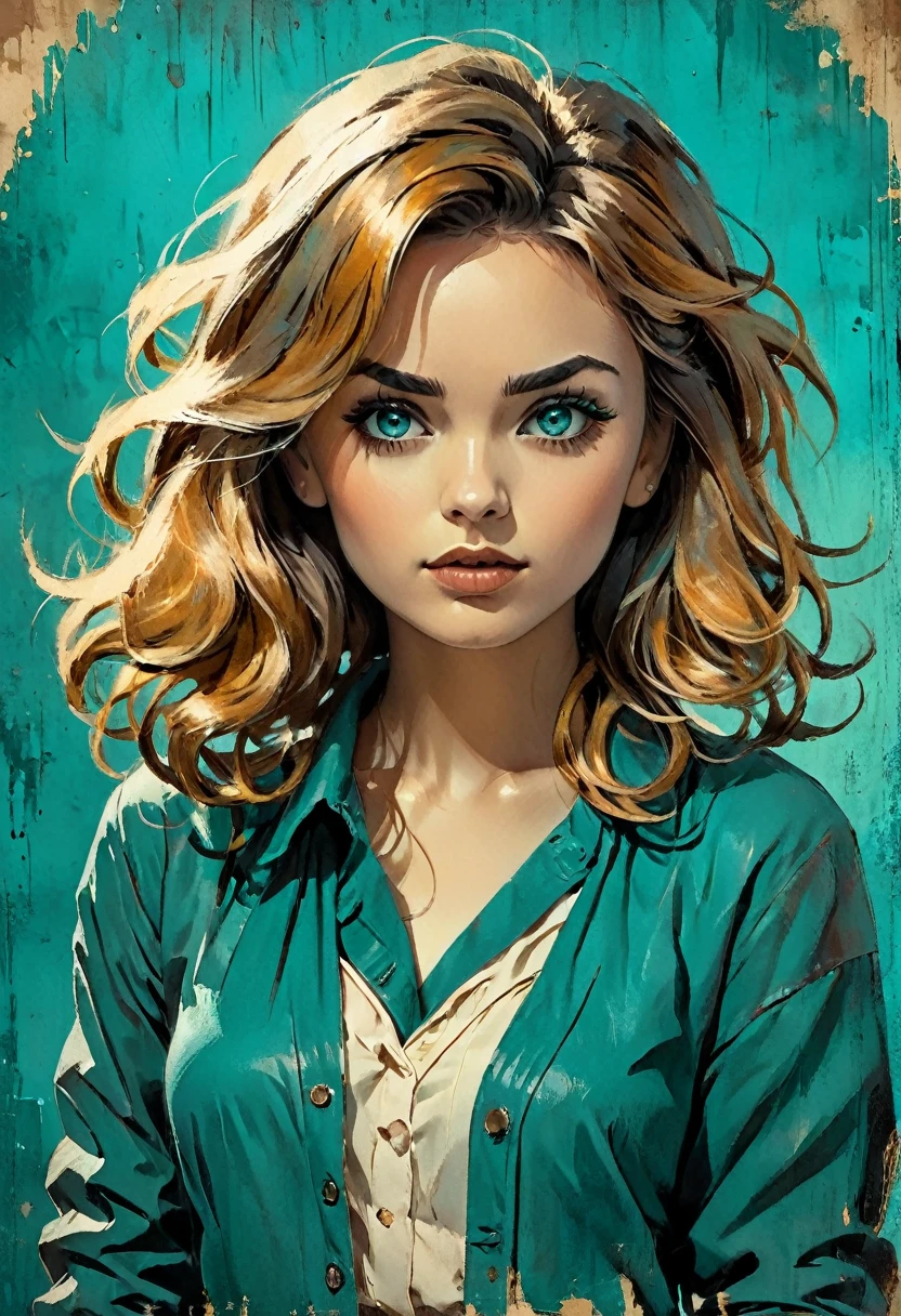 A woman in a situation?, sketch, amber to teal color palette, detailed features, cute, vintage style, high contrast lighting, expressive eyes, tousled hair. (best quality, high res, realistic:1.37), vintage, monochrome, intense gaze, dramatic lighting, rugged background, distressed paper texture, retro vibes, id photo, front view, Surround the woman, aya, greg rutkowski