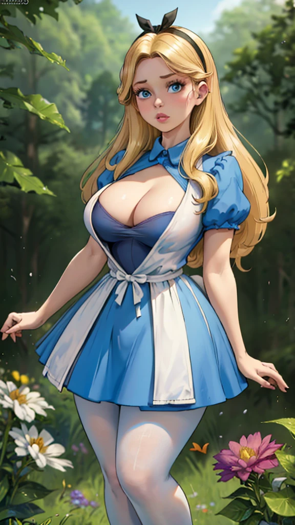 1girl, masterpiece, best_quality:0.5, highres, 4K image, (incredible_details:0.7), absurdes, sharpen image, perfect focus on character, depth of field:1.0, ((fullbody_angle_shot:0.6)), precious 20 years-old girl, AliceWaifu, large blue eyes, ((surprised expression face)), thick lips, blonde, black hairband, blue dress, tight minidress, ((unbutton)), (white pantyhose crotch), perfect body, ((colossal cleavage)), busty, perfect legs, thick thighs, high heels, enchanted forest scenery, flowers, butterflies, sunrays in scene, ((blur background:1.4)), open legs