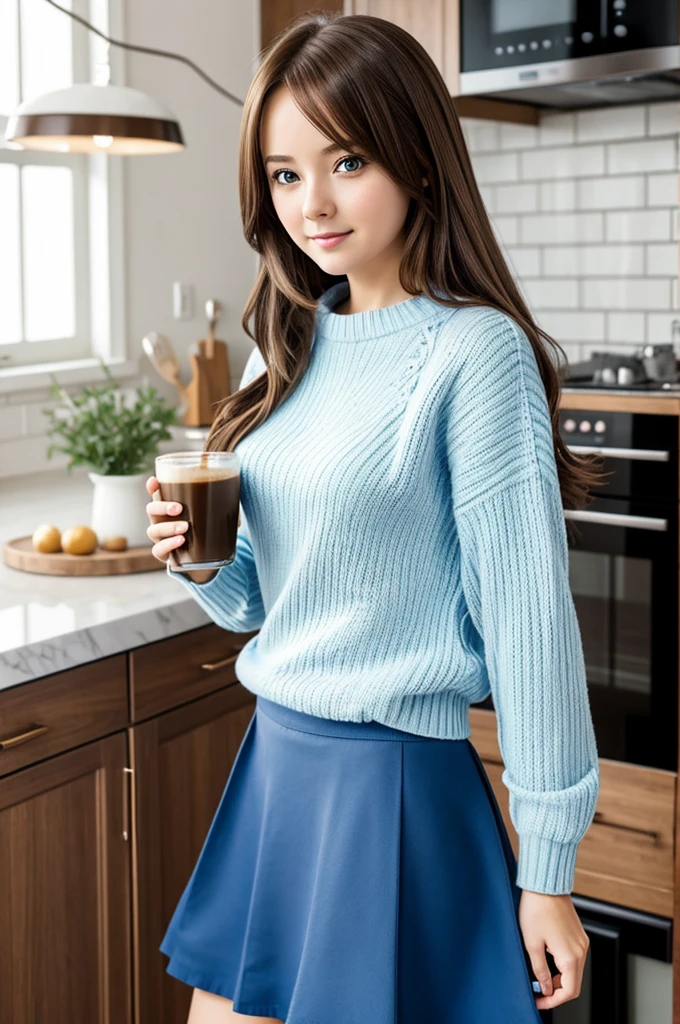 best image quality、realistically、Shining beautiful skin、1 female、Early 20s、Chair、idol sculpture、sweater、skirt、stockings、underwear、smile at the camera、