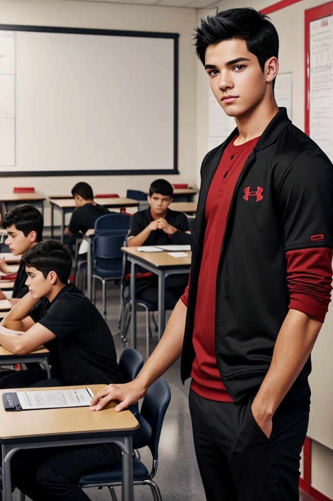 (UA academy classroom background ) a handsome young man with red eyes , black hair with red highlights ,with UA academy clothes