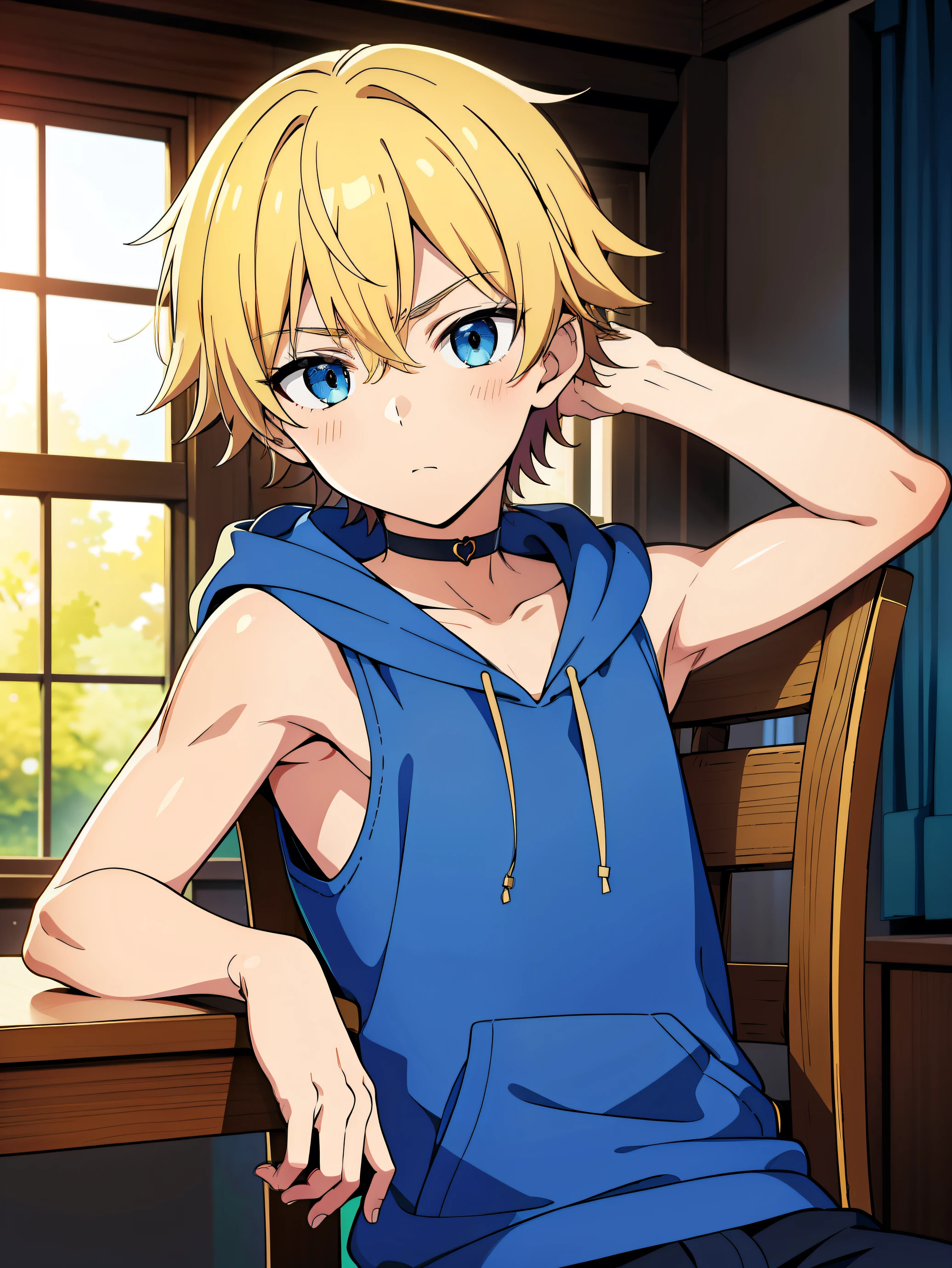 Highres, Masterpiece, Best quality at best,Best Quality,hight quality, hight detailed, Anime style, 1boy, boy, Shota, (little boys), blonde, blue eye, fluffy hair, Sleeveless hoodie, Sit on the chair, Seen from the front, Slim body, choker, Coolarbone, upper body, Blurry beckground, (Showing armpit), (very young boy), (very small and short body), uhd, bokeh