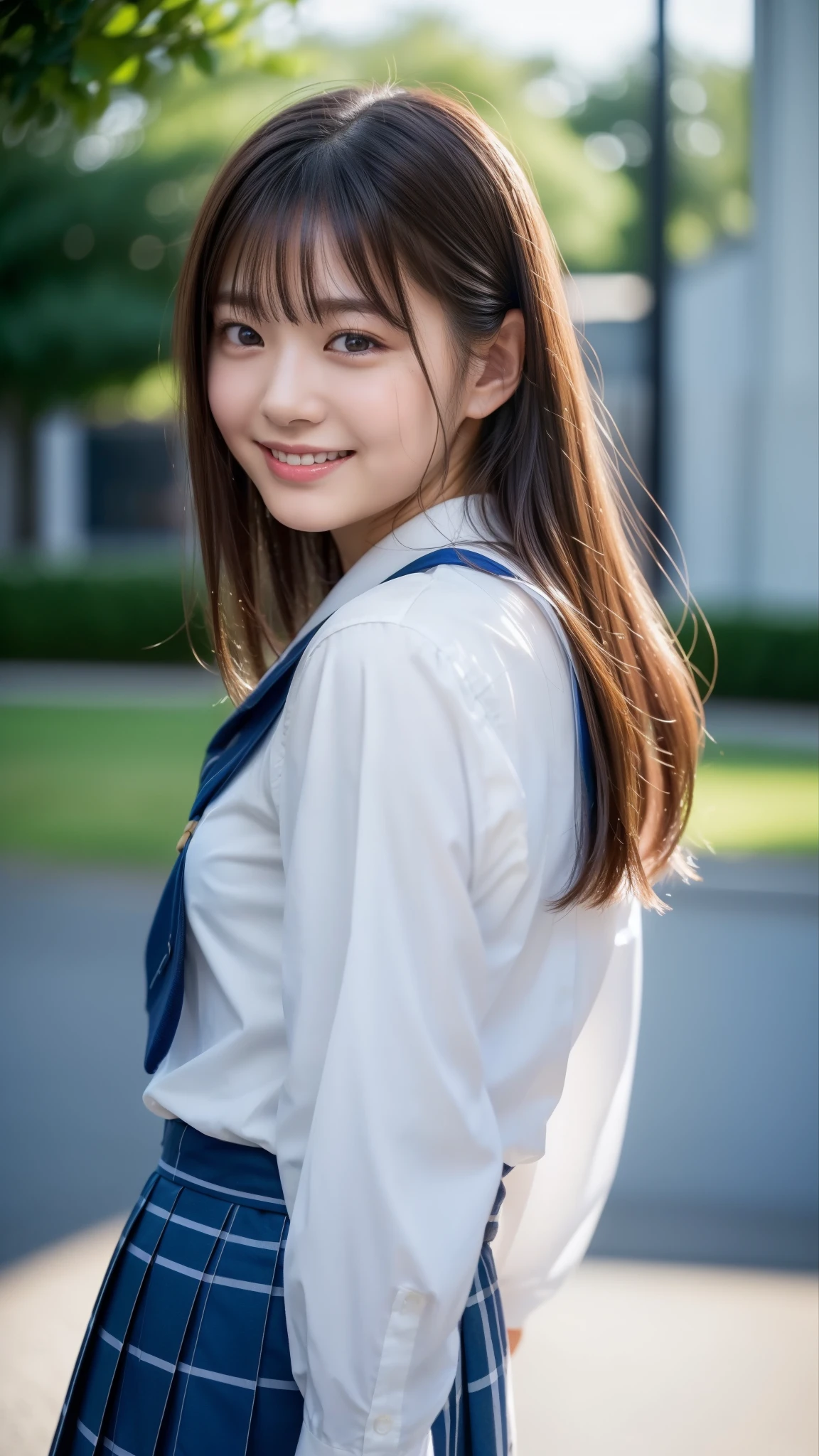 (8K、live-action、Raw photo、Highest quality、masterpiece:1.2),(Outdoors,Front lighting:1.2),((Perfect lighting)),(Wet hair),Watching the audience,Sexy pose, cute smile,18-year-old,student,White skin,knees,Small Face,Part the front hair from the center、The forehead is visible,skinny,skinny)、masterpiece,Highest quality、超A high resolution,one person, solo,Close-up shot、cute、Back to Students,(Japanese school uniform:1.3),High school girl,Japanese women,(Photoreal:1.37)、Photon Mapping,Realistic、cuteSmall Face,Brown eyes、prospect、Depth of written boundary、Blurred Background、Real,(I can see the front hair), hair, I can see the knees, thigh,(Nogizaka Idol), actress、Big and ample breasts、Cleavage、Super fine、Low people、(Skin with visible pores:1.2)、(Focus on the face)、Natural neck、Check and correct the skeleton