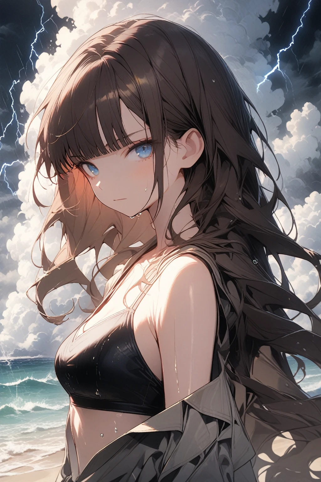 1 girl, blue eyes, brown hair, long hair with bangs, flowing hair, dressed in a black bikini, dark, neckline, medium chest, large hips, wet body, on the beach, sand, horizon, sea, water droplets, water splashes, tornado, clouds, cloudy, thunderstorm, rain, lightning in the sky, looking at the viewer, serious look, no smile, detailed, beautiful, gentle tones, close, upper body