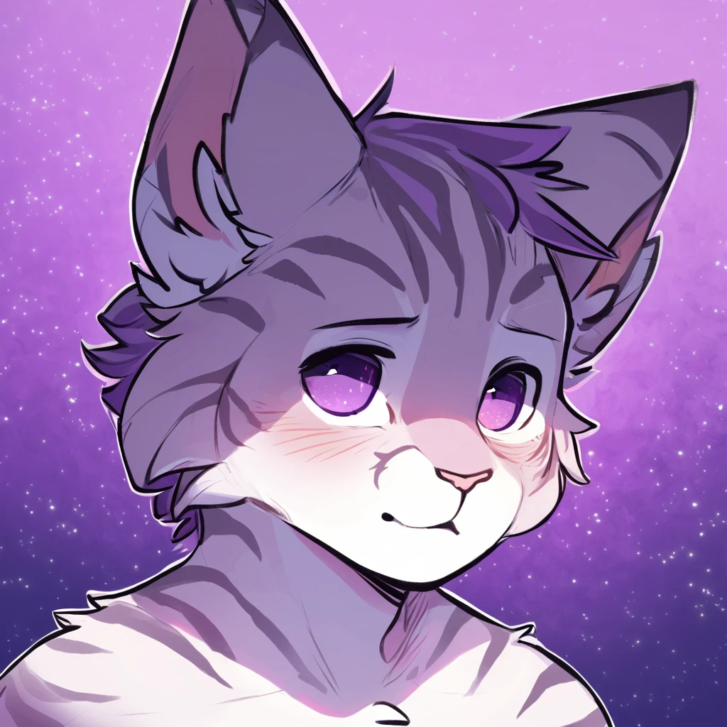 adult, feline, mammal, anthro, anthropomorphic, cat, striped, fur, striped_feline, fur, male, light_purple, purple_hair, fluffy, white, white_chest, shy, small_pupils, digital_art, high_resolution, high_res, hand-drawn, pencil_lines, head_visible, background, neck_visible, seductive_face, detailed_line_work, profile_picture, head_visible, purple_galaxy_background, cute