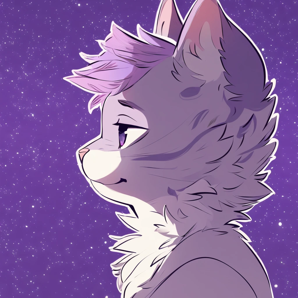 adult, feline, mammal, anthro, anthropomorphic, cat, striped, fur, striped_feline, fur, male, light_purple, purple_hair, fluffy, white, white_chest, shy, small_pupils, digital_art, high_resolution, high_res, hand-drawn, pencil_lines, head_visible, background, neck_visible, seductive_face, detailed_line_work, profile_picture, head_visible, purple_galaxy_background, cute
