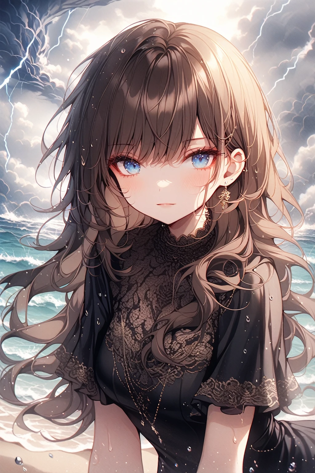 by ttosom, 1 girl, blue eyes, brown hair, long hair with bangs, flowing hair, dressed in a black bikini, dark, neckline, medium chest, large hips, wet body, on the beach, sand, horizon, sea, water droplets, water splashes, tornado, clouds, cloudy, thunderstorm, rain, lightning in the sky, looking at the viewer, serious look, no smile, detailed, beautiful, gentle tones, close, upper body

