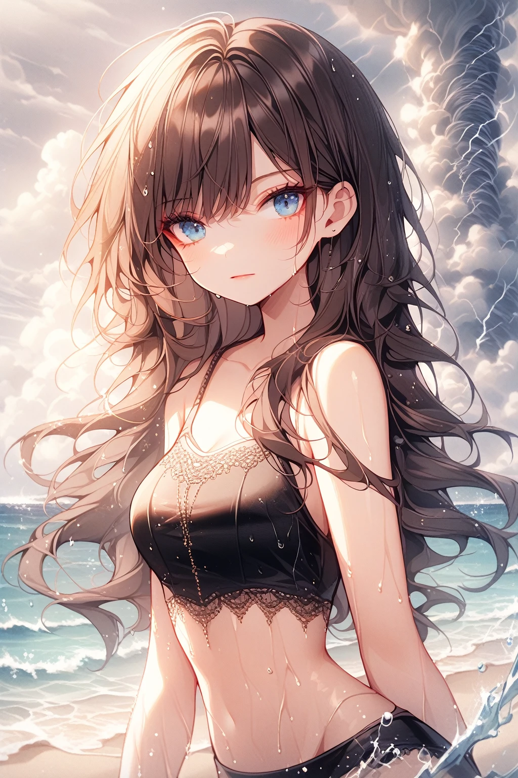 by ttosom, 1 girl, blue eyes, brown hair, long hair with bangs, flowing hair, dressed in a black bikini, dark, neckline, medium chest, large hips, wet body, on the beach, sand, horizon, sea, water droplets, water splashes, tornado, clouds, cloudy, thunderstorm, rain, lightning in the sky, looking at the viewer, serious look, no smile, detailed, beautiful, gentle tones, close, upper body