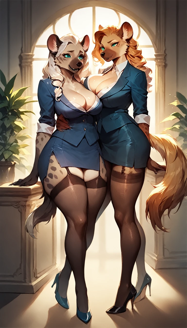 score_9, score_8_up, score_7_up, score_6_up, score_5_up, score_4_up, (two girls hugging), female anthro hyena, secretary clothes, skirt, high heels, lusty, fluffy body, long blond hair, turquoise eyes, (thick thighs:1.5)((( offering the breasts))) sex partial clothes, (((cleavage))) semi-butonned uniform niform, (barely_visible_booba) (she is standing) , giant breasts, garter belt tights