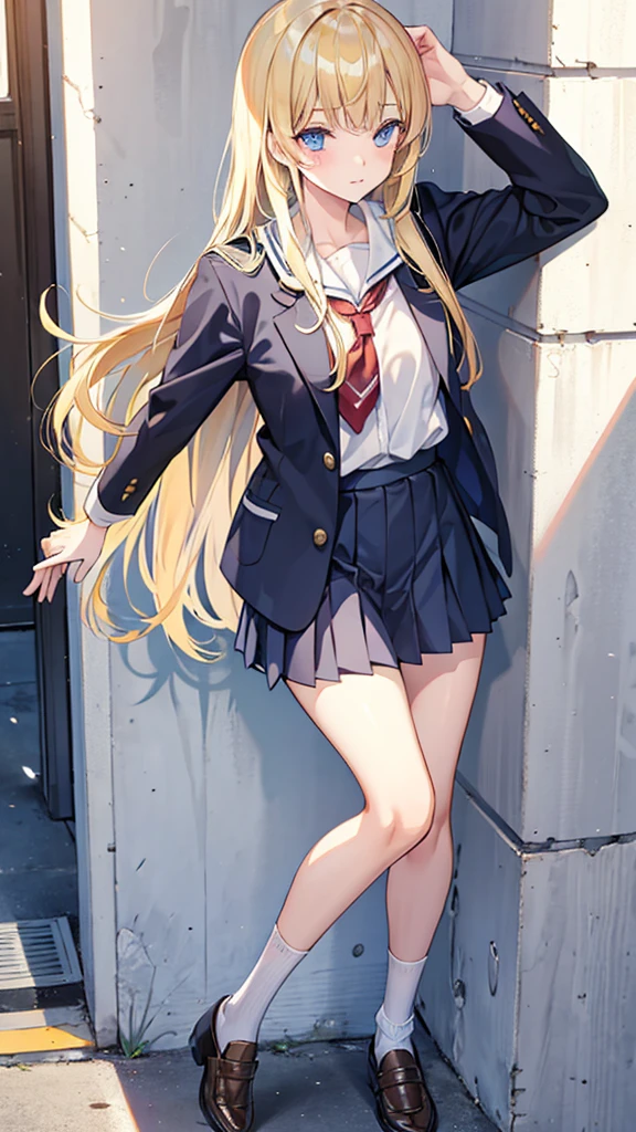 long blonde hair with bangs, school clothes, local preppy: school against the wall