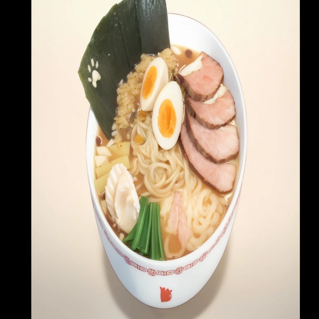 A beautifully detailed illustration of a steaming bowl of ramen. The ramen is served in a traditional Japanese porcelain bowl with intricate red patterns around the rim. The broth is rich and clear, showcasing the delicious ingredients inside. The ramen features perfectly cooked noodles, three slices of tender char siu pork with a slight char, and two halves of a perfectly soft-boiled egg with vibrant orange yolks. Additionally, the bowl includes bamboo shoots, a couple of narutomaki slices, chopped green onions, and a sheet of nori with a small, carved-out paw print.The steam rising from the bowl gives a warm and inviting atmosphere, suggesting that the ramen is fresh and hot. The background should be minimalistic to keep the focus on the ramen, perhaps with a subtle bokeh effect to create depth. The lighting is soft and natural, coming from above and slightly to the side, casting gentle shadows and enhancing the textures of the ingredients.