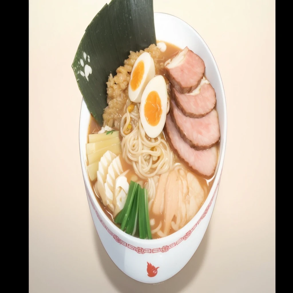 A beautifully detailed illustration of a steaming bowl of ramen. The ramen is served in a traditional Japanese porcelain bowl with intricate red patterns around the rim. The broth is rich and clear, showcasing the delicious ingredients inside. The ramen features perfectly cooked noodles, three slices of tender char siu pork with a slight char, and two halves of a perfectly soft-boiled egg with vibrant orange yolks. Additionally, the bowl includes bamboo shoots, a couple of narutomaki slices, chopped green onions, and a sheet of nori with a small, carved-out paw print.The steam rising from the bowl gives a warm and inviting atmosphere, suggesting that the ramen is fresh and hot. The background should be minimalistic to keep the focus on the ramen, perhaps with a subtle bokeh effect to create depth. The lighting is soft and natural, coming from above and slightly to the side, casting gentle shadows and enhancing the textures of the ingredients.