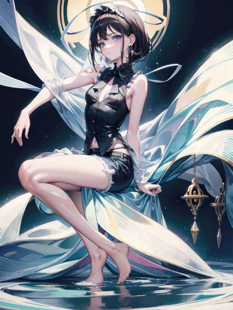 absurdres, RAW photo, extremely delicate and beautiful, masterpiece, Best Quality, ultra high resolution, 32k, hyperrealistic, ultra-detailed, in her 20s, delicate facial features, beautiful detailed girl, tearful mole, earring, medium breasts, full body shot, shorter middle hair, black hair, flowing dress, with a pendant,