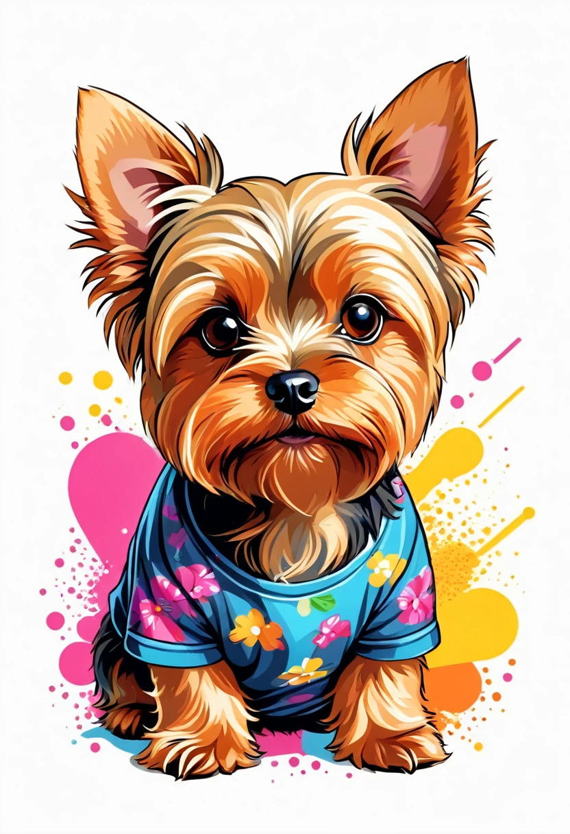 A t-shirt with graphic design art, flat illustration of a Yorkshire Terriers dog,  cuddly, colorful tones, highly detailed cleanliness, imagem vectorial, photorealistic masterpiece, professional photograpy, plain white background, isometric, Vibrant, vector