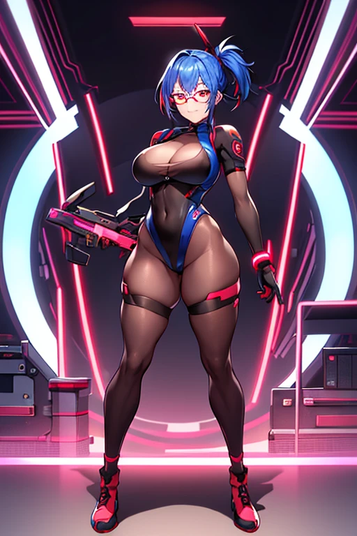1girl, red eyes, blue hair, very short hair, ponytail, large breasts, hourglass figure, bodysuit, black bodysuit, neon, neon trim, machinery, tech, science-fiction, red glasses, futuristic, smile, standing, full body, ((full body)), long ponytail, braided bonytail, braid, single braid, ((long ponytail)), arms down, hands down