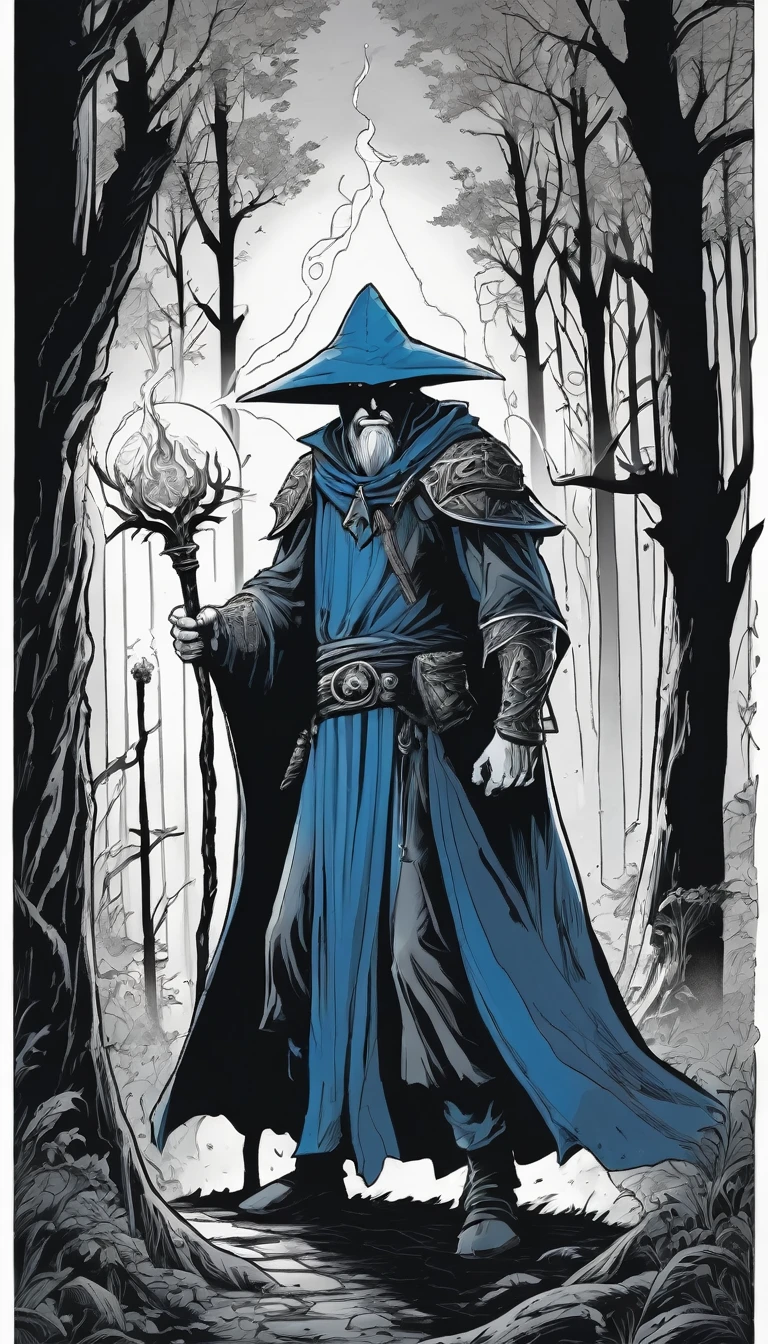 comic 1 wizard in a forest. wearing a blue robe, holding a magic staff, fighting against several monsters, surrounded . At night, gothic dark atmosphere, graphic illustration, comic art, graphic novel art, ((black and white:1.5)), no shadow, plain style,  highly detailed. 