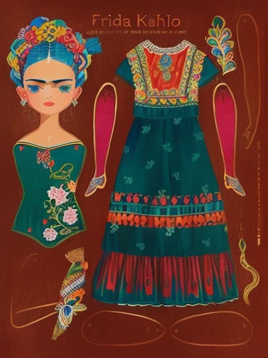 frida kahlo paper doll coloring pages, inspired by Frida Kahlo, inspired by Kahlo, frida, detailed dress and face, by Carla Wyzgala, by Frida Kahlo, by Myra Landau, by Margit Anna, mexican folk art, inspired by Ángel Botello, “ full body, colouring - in sheet, by Miroslava Sviridova
