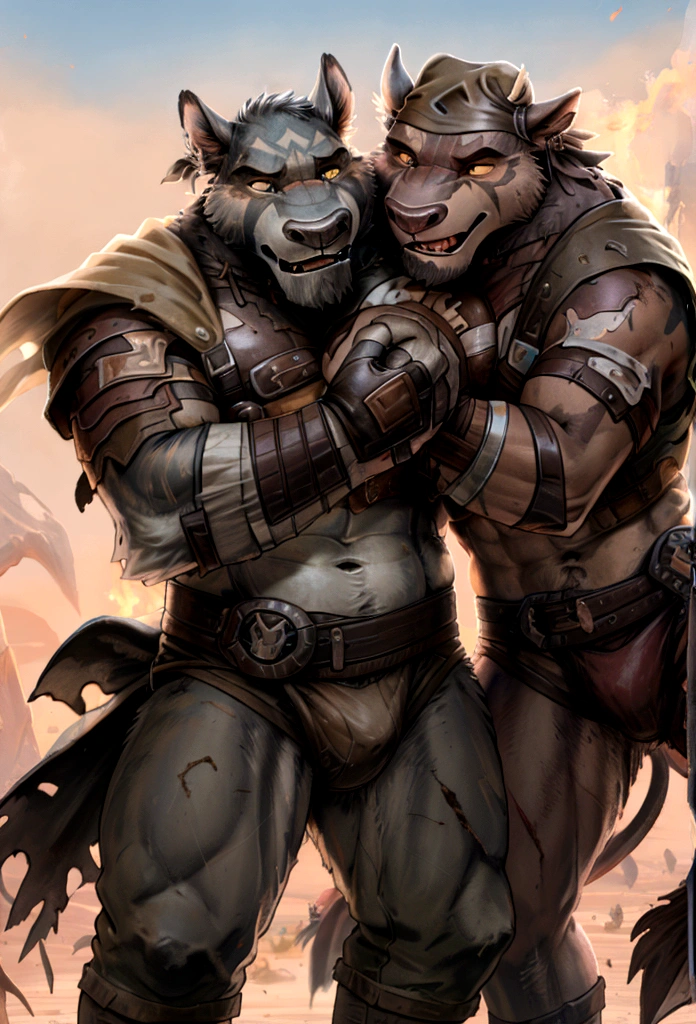 Solo Sexy anthro furry bovine male mercenary medieval solider, slim endomorph muscular handsome model male apperance, scars, worn out rusty skimpy armament, low on hips heavy leather belt, old very worn out skimpy dirty linen material jockstrap, old yellow dirty worn out stains on white sawn jockstrap, very visible "x" brown seam pattern on the jockstrap, skimpy armlets studded breastplate armor, skimpy rusty breastplate, leather biceps tighs bondages, fingerless leather gloves, smelly unwashed furr, dirty body look, desert battlefield, battlefield aftermatch, standing in fighting ready position, legs wide open, close view of full character, hesitant, watchful eyes, clenches his teeth, he holds a bloody sword in his right hand