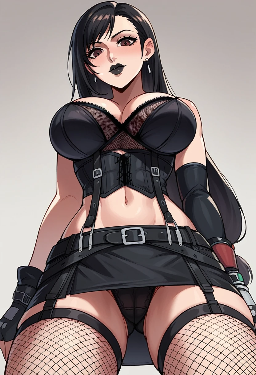 an image of a woman in a fishnet top and fishnet stockings with black corset, black eyes, seductive tifa lockhart portrait, girl wearing a black corset and mini skirt, fishnet clothes, woman fullbody, portrait of tifa lockhart, tifa lockhart with black hair, black lipstick, female character, tifa lockhart portrait, woman, goth woman, nico robin, marin kitagawa, waifu, glamorous tifa lockheart, in an realistic style, tifa lockhart, tifa lockheart, 1 7 -  - old h girl, seductive girl, looking down at you, looking down at you, looking down at you, looking down at you, looking down at you, black corset, no shirt, black corset, black corset, black waist strap, black eyes, black lipstick, black lacy bra