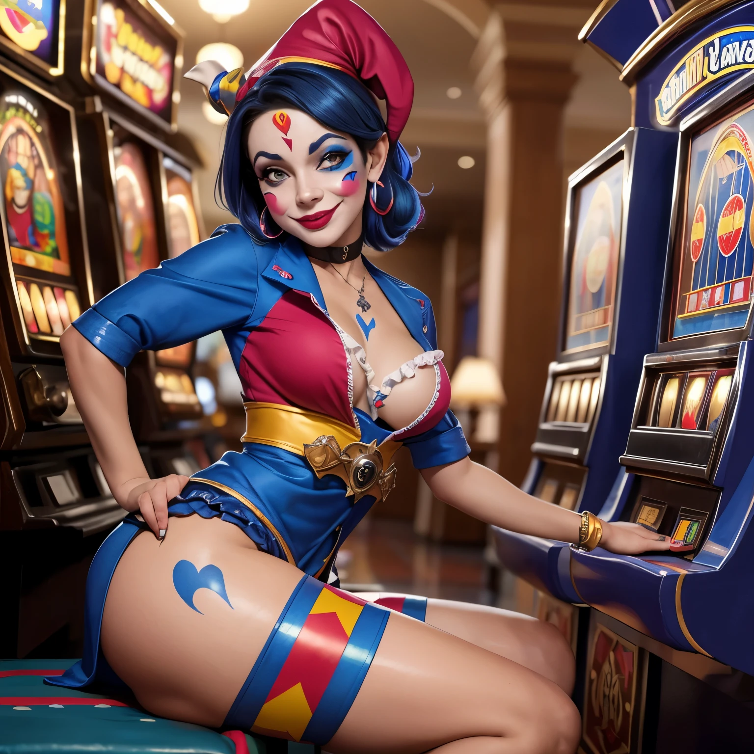 jester women, sexly, very beautiful Colombian style, face perfect, dressed up as a jester, with jester hat and face paint like harley quuin, seios grandes e sexly, little clothing, provocative, she is playing a slot machine 