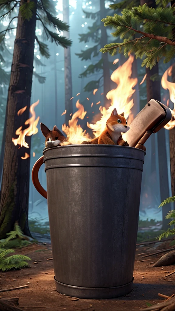 Animals in the forest with bucket of water putting out fire.